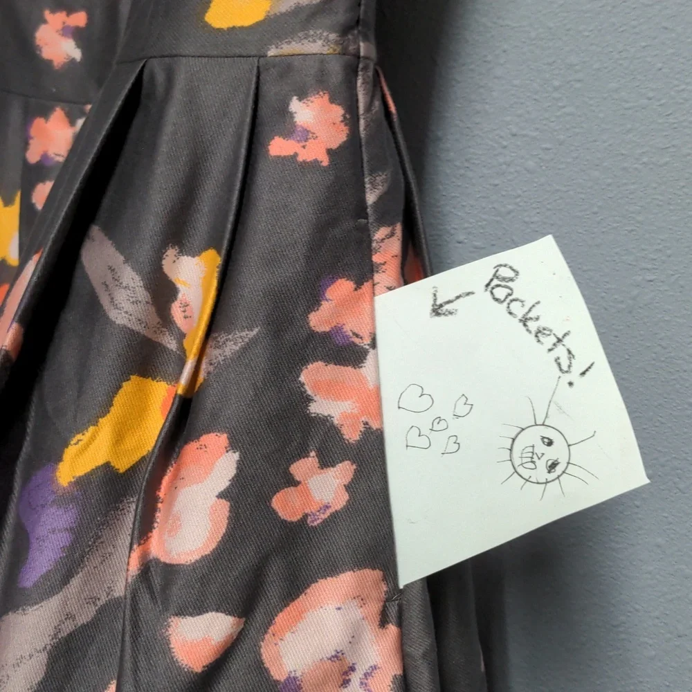 sz 6 Grey floral tea length dress sleeveless pockets fully lined hidden zipper - Picture 7 of 13